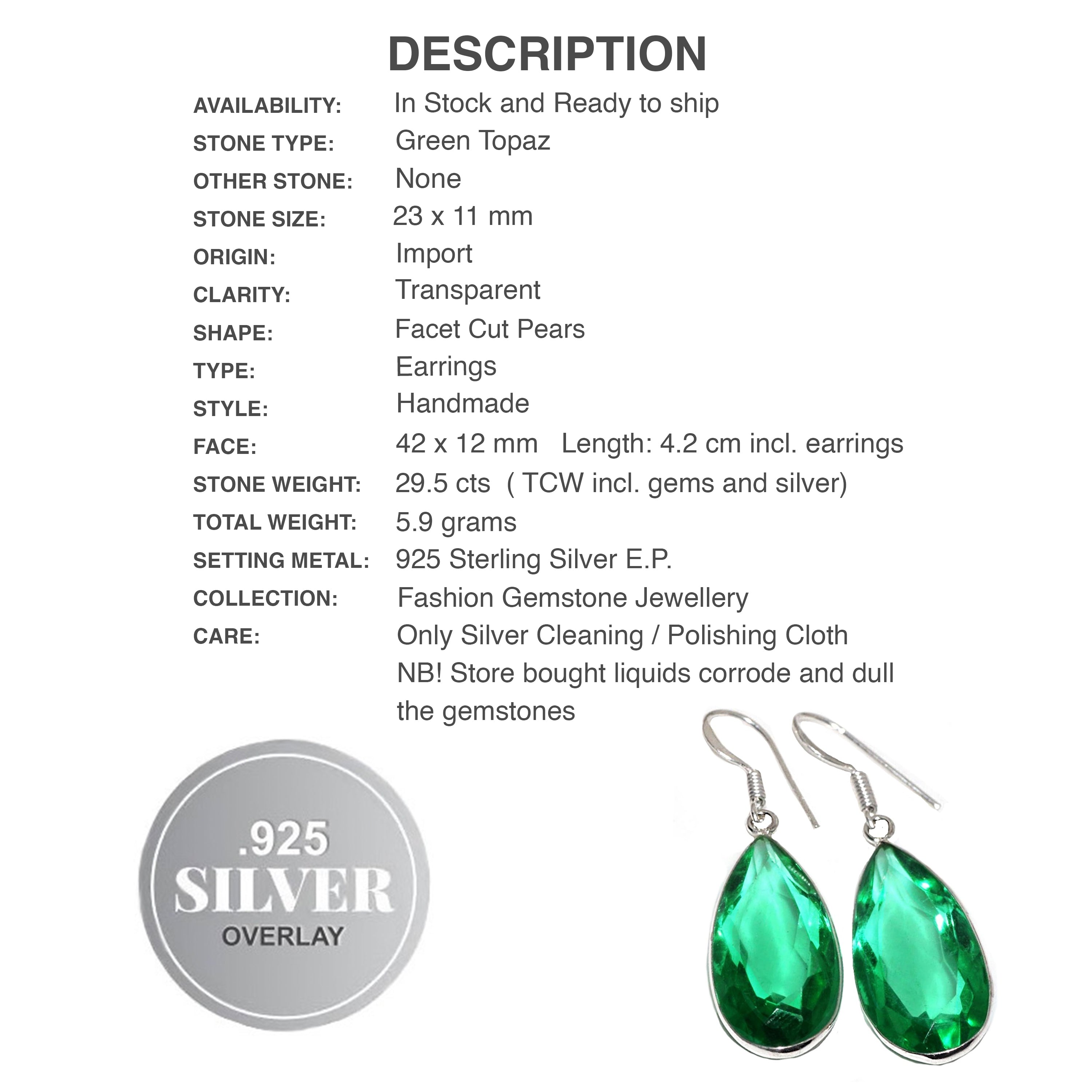 Handmade Faceted Green Topaz Gemstone Pears 925 Sterling Silver Earrings