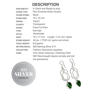Modern Handmade Emerald Quartz Gemstone Pears 925 Sterling Silver Earrings