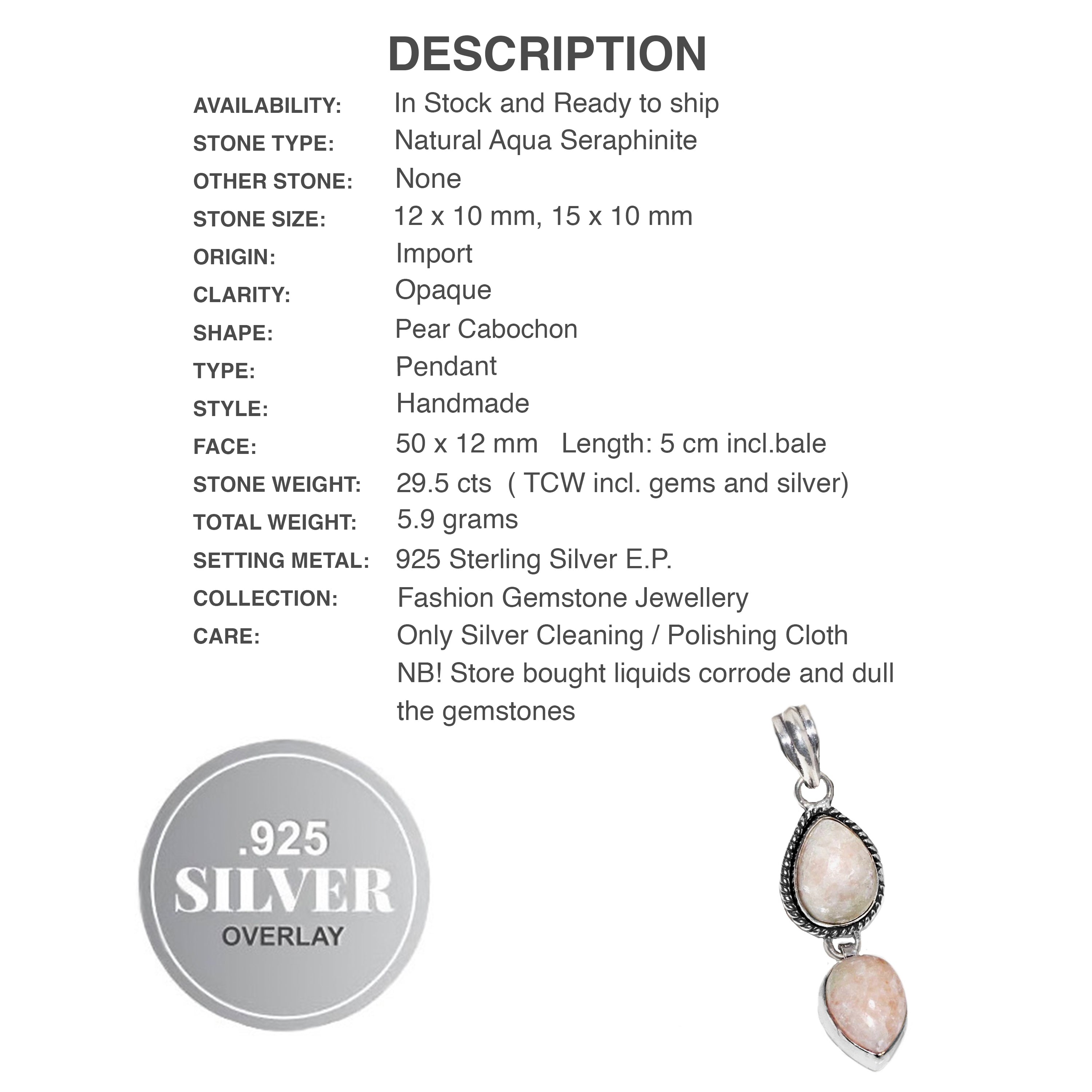 Handmade Natural Aqua Seraphinite Dual Pear Shape Gemstone  .925 Sterling Silver Pendant