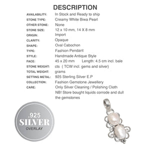 Handmade Scrollwork Creamy White Biwa Pearl. 925 Sterling Silver Pendant