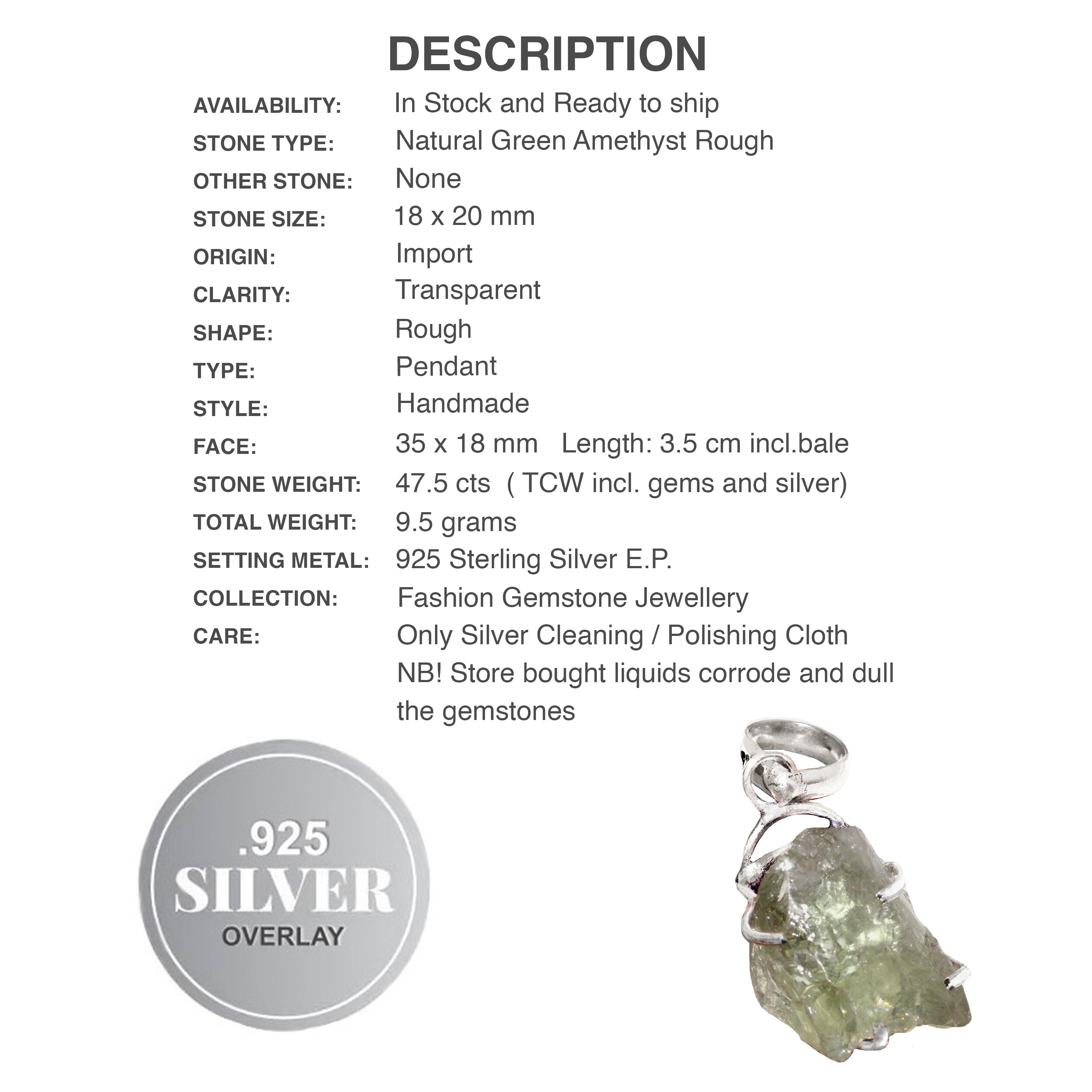 Handmade Natural Rough Green Amethyst Gemstone Nugget 925 Sterling Silver Pendant
