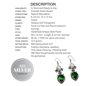 Handmade Natural Moonstone and Emerald Quartz Gemstone 925 Sterling Silver Earrings