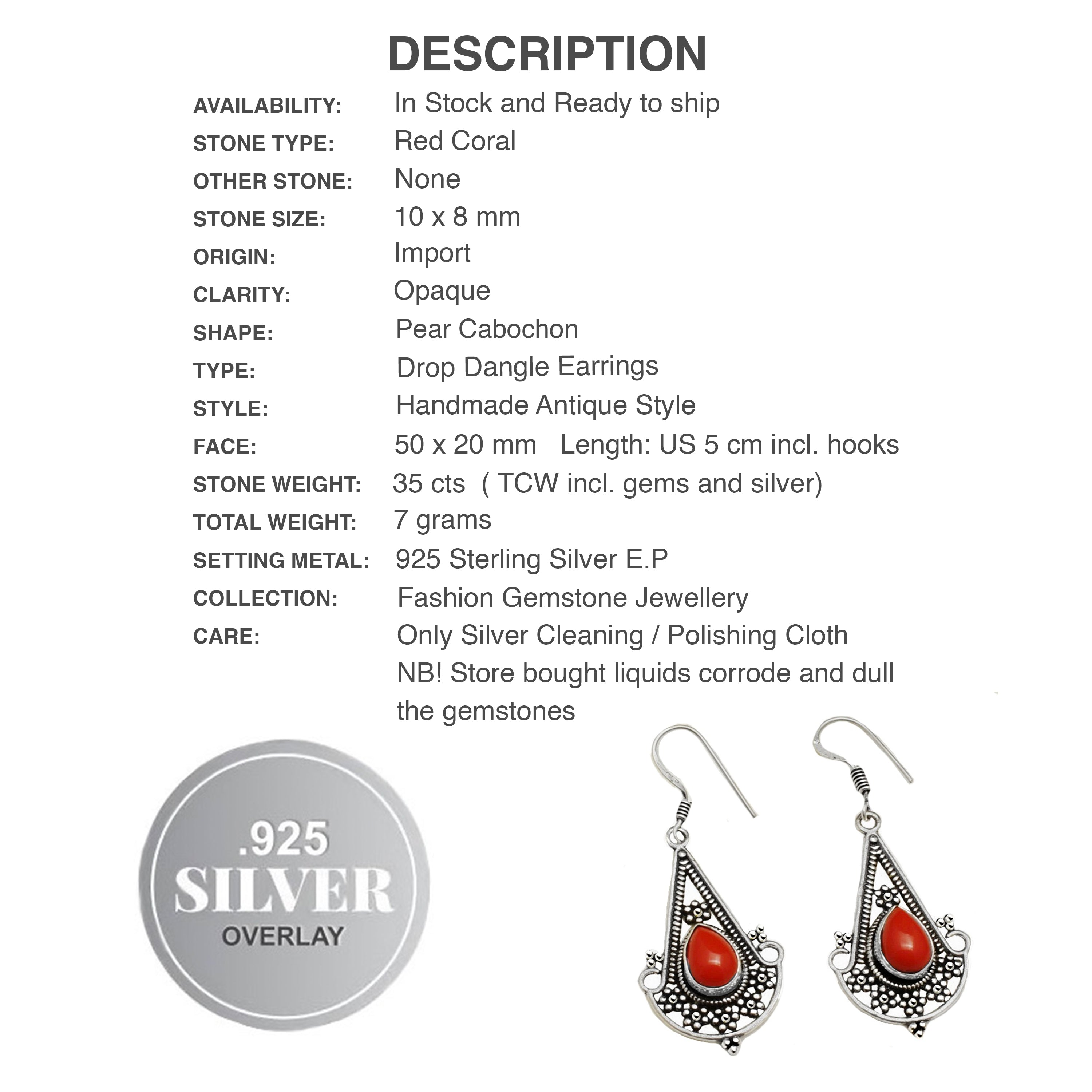 Handmade Ornate Antique Style Red Coral Pear Shape Gemstone .925  Sterling Silver EP Earrings
