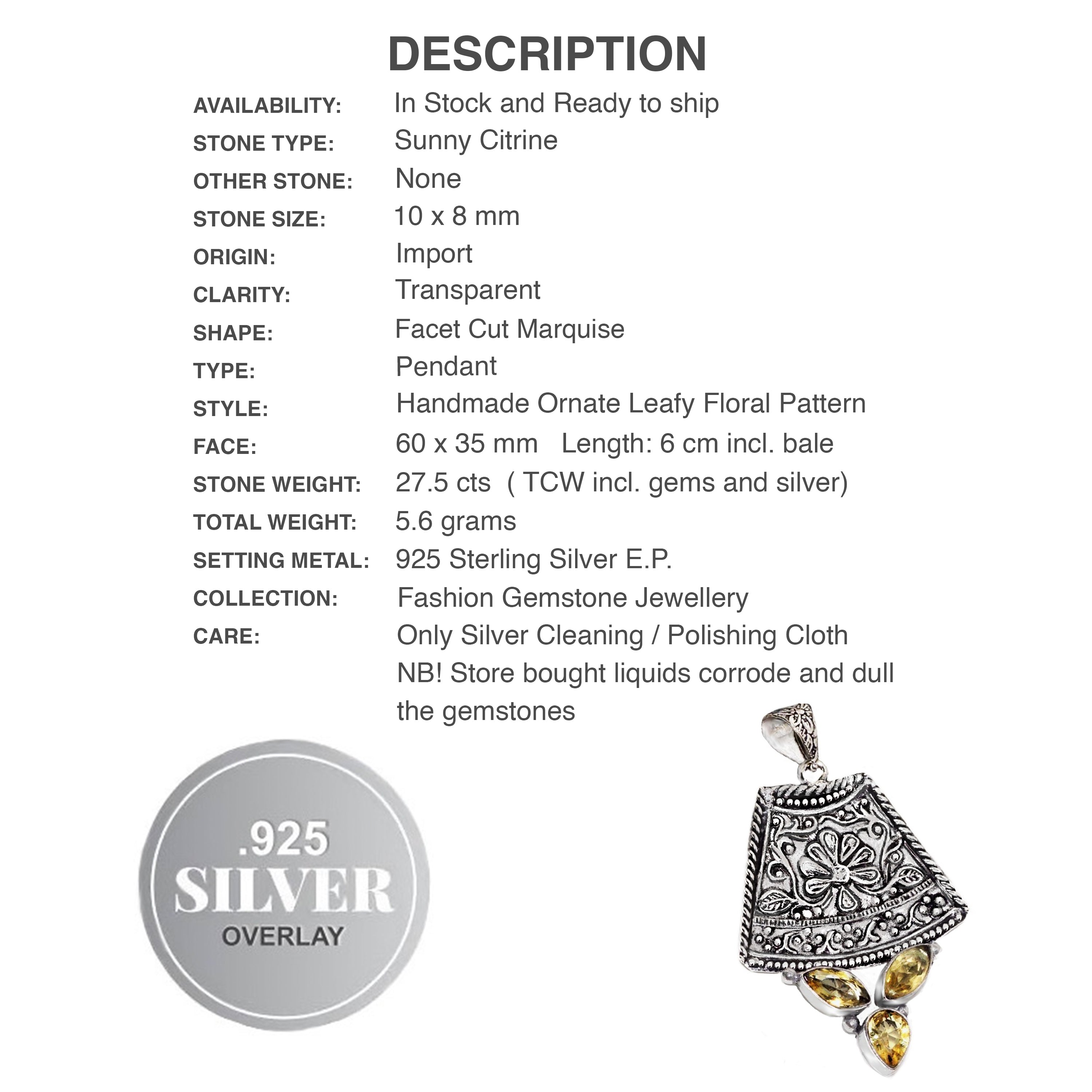 Handmade Ornate Sunny Citrine Marquise Gemstone Pendant in 925 Sterling Silver