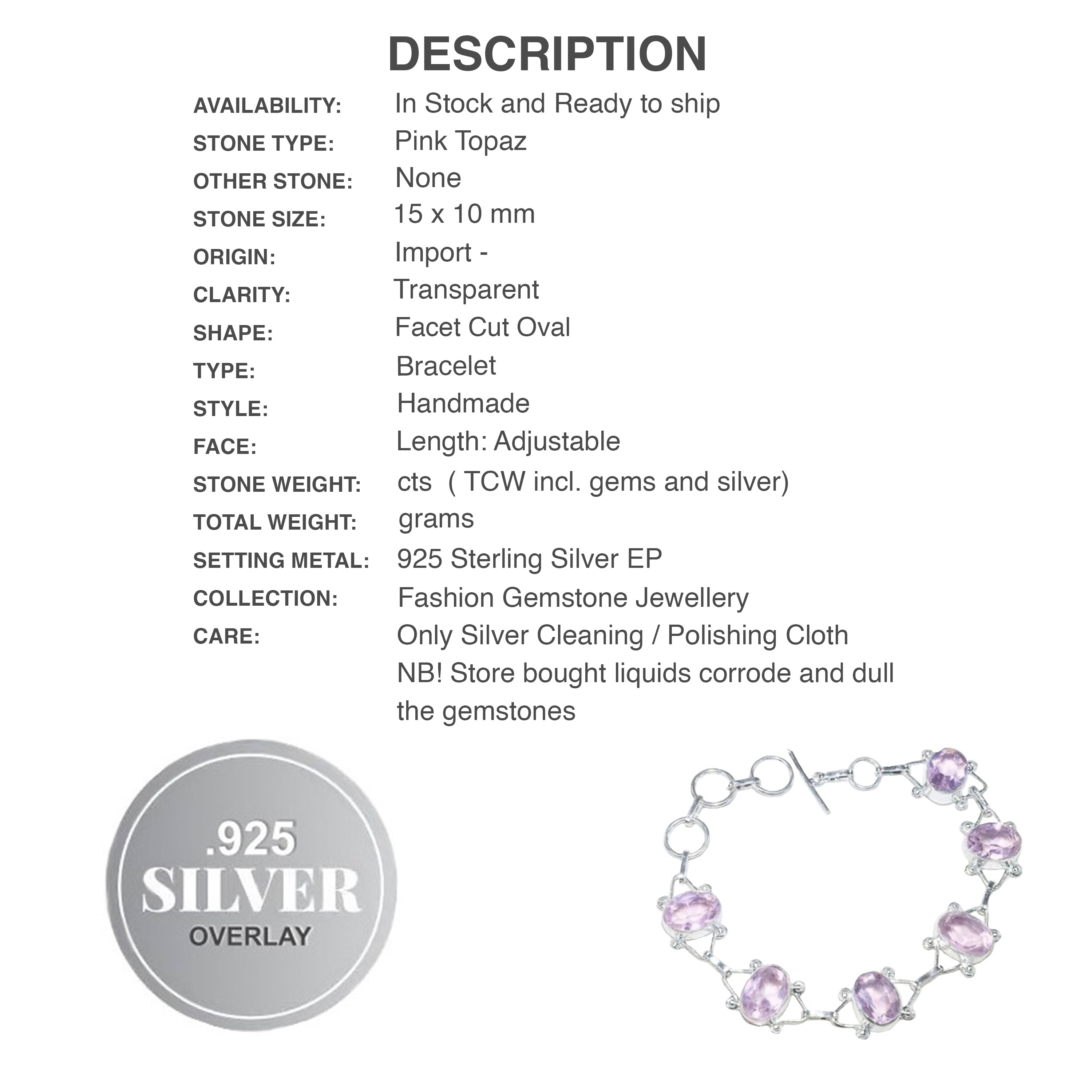 Handmade Pink Topaz Oval Gemstone .925 Silver Bracelet