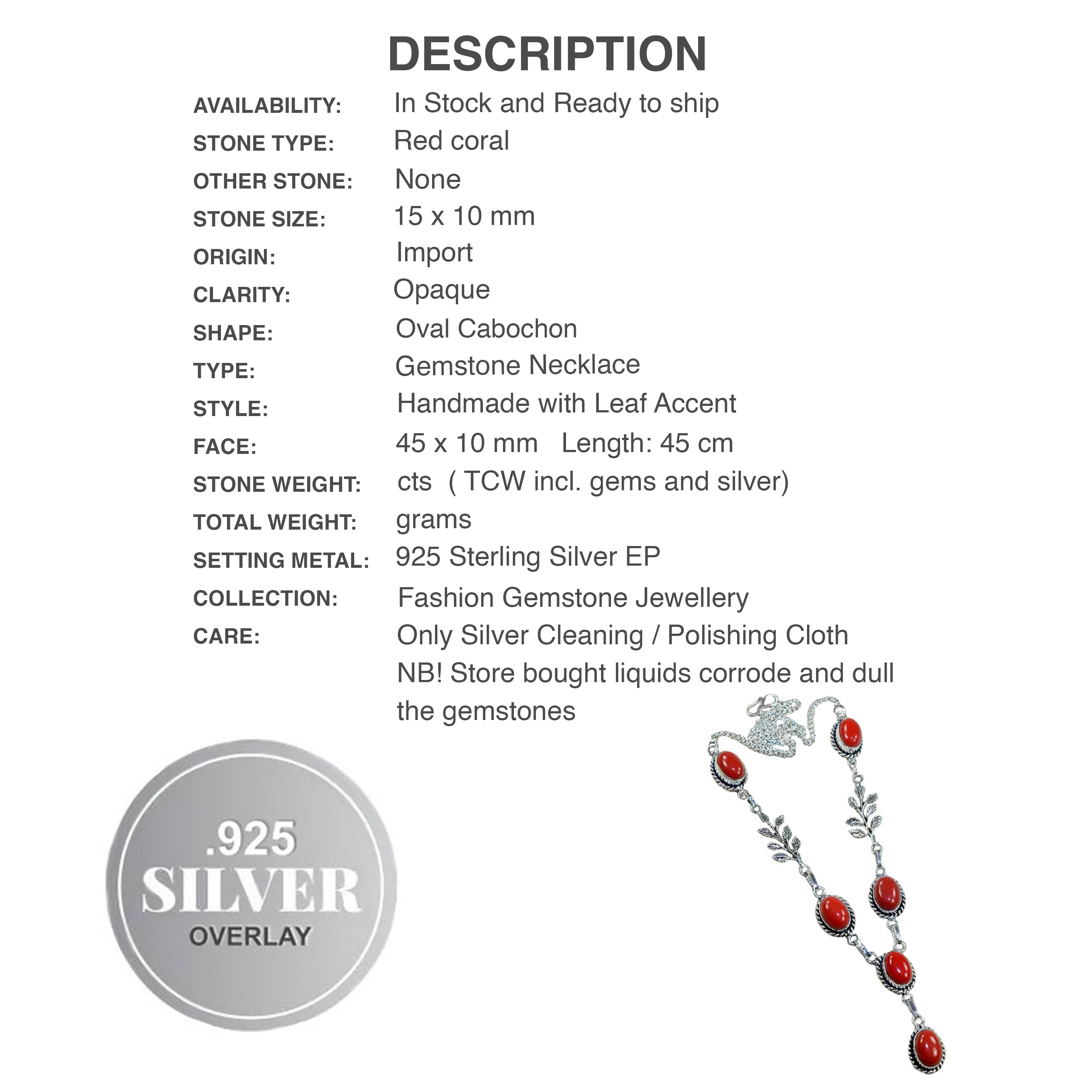 Handmade Rich Red Coral with Leaf accent in the Chain Gemstone .925 Sterling Silver Necklace