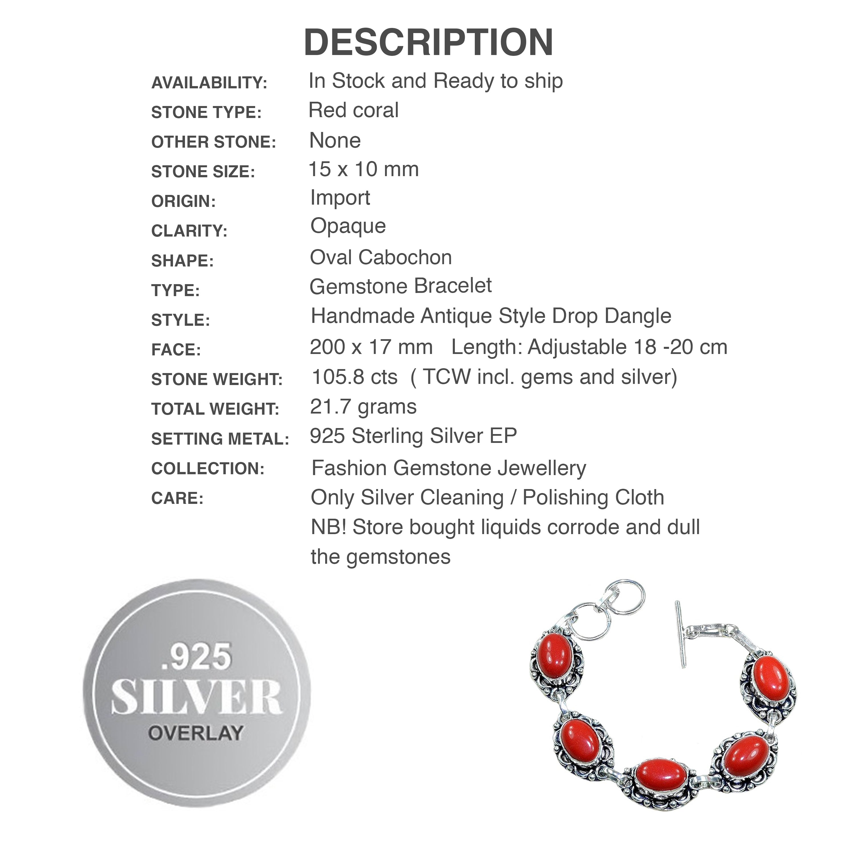 Handmade Red Coral Ovals Gemstone Antique Style .925 Sterling Silver Bracelet