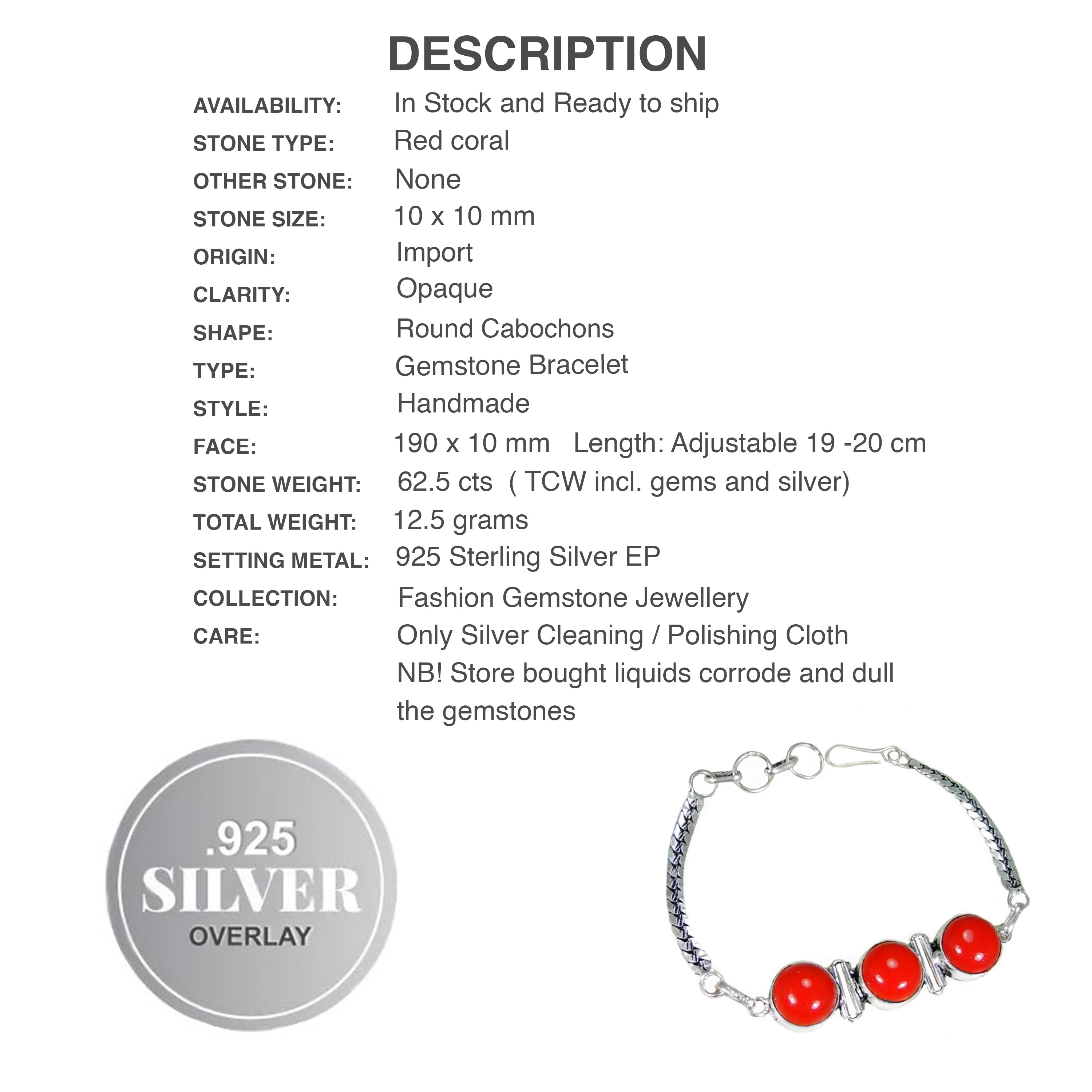 Handmade Red Coral Ovals Gemstone .925 Sterling Silver Bracelet