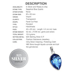Handmade Sapphire Blue Quartz Gemstone Pear 925 Sterling Silver Pendant