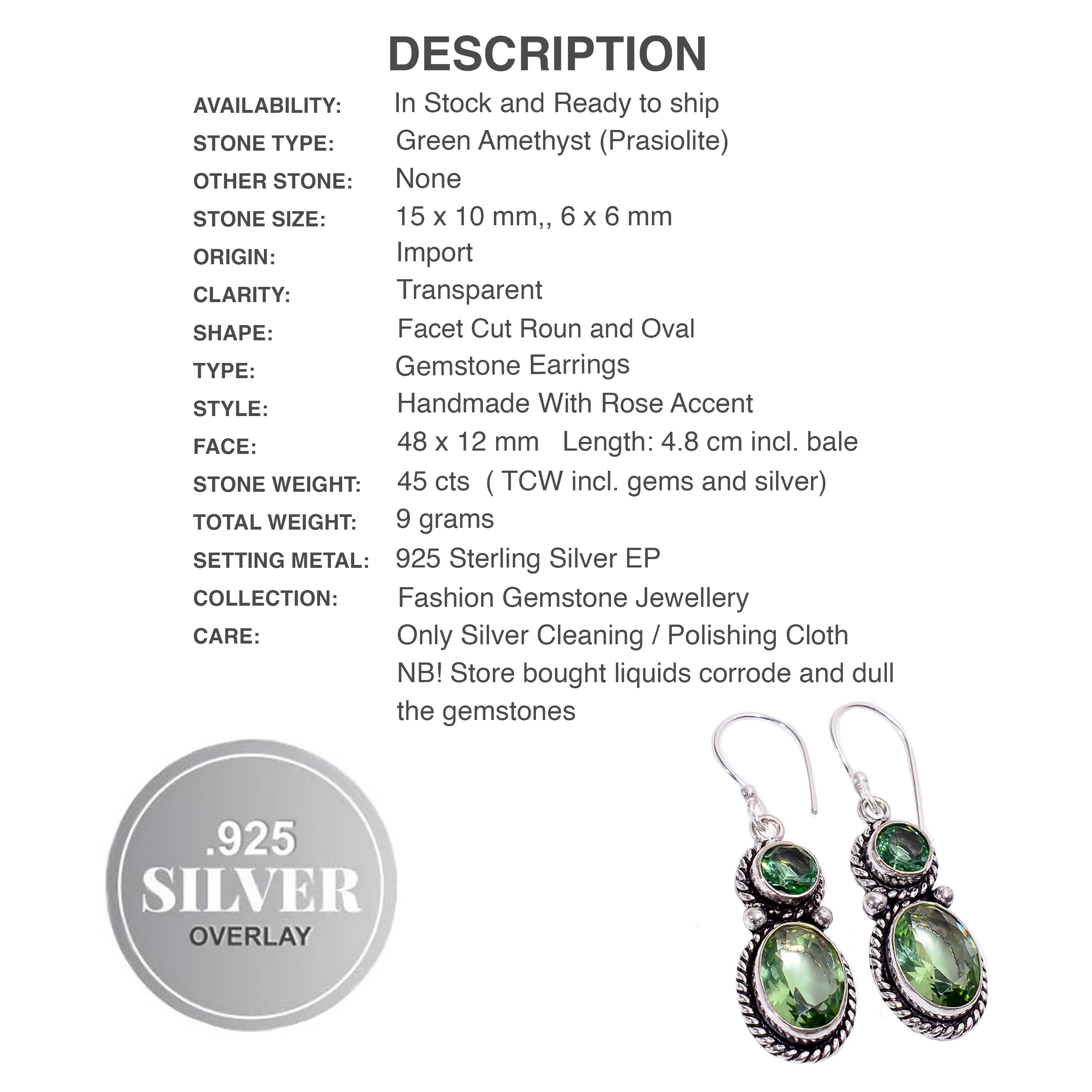 Handmade Dainty Green Amethyst Oval Shape Gemstone .925 Sterling Silver Earrings