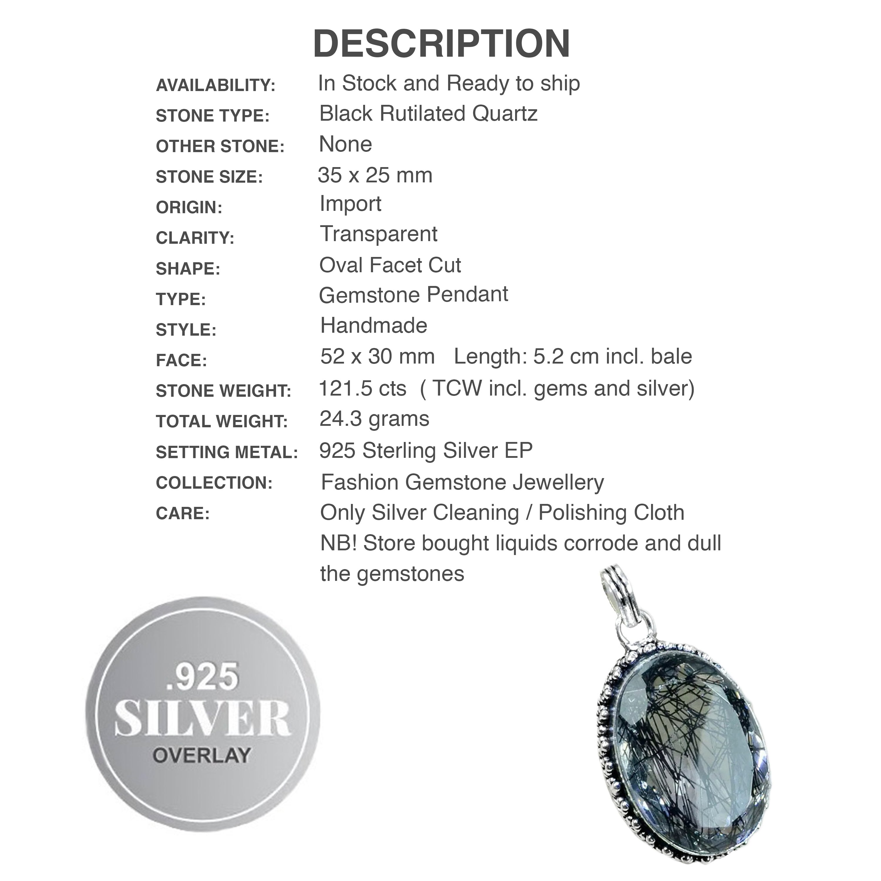 Handmade Antique Style Black Rutile Quartz Gemstone 925 Sterling Silver Pendant