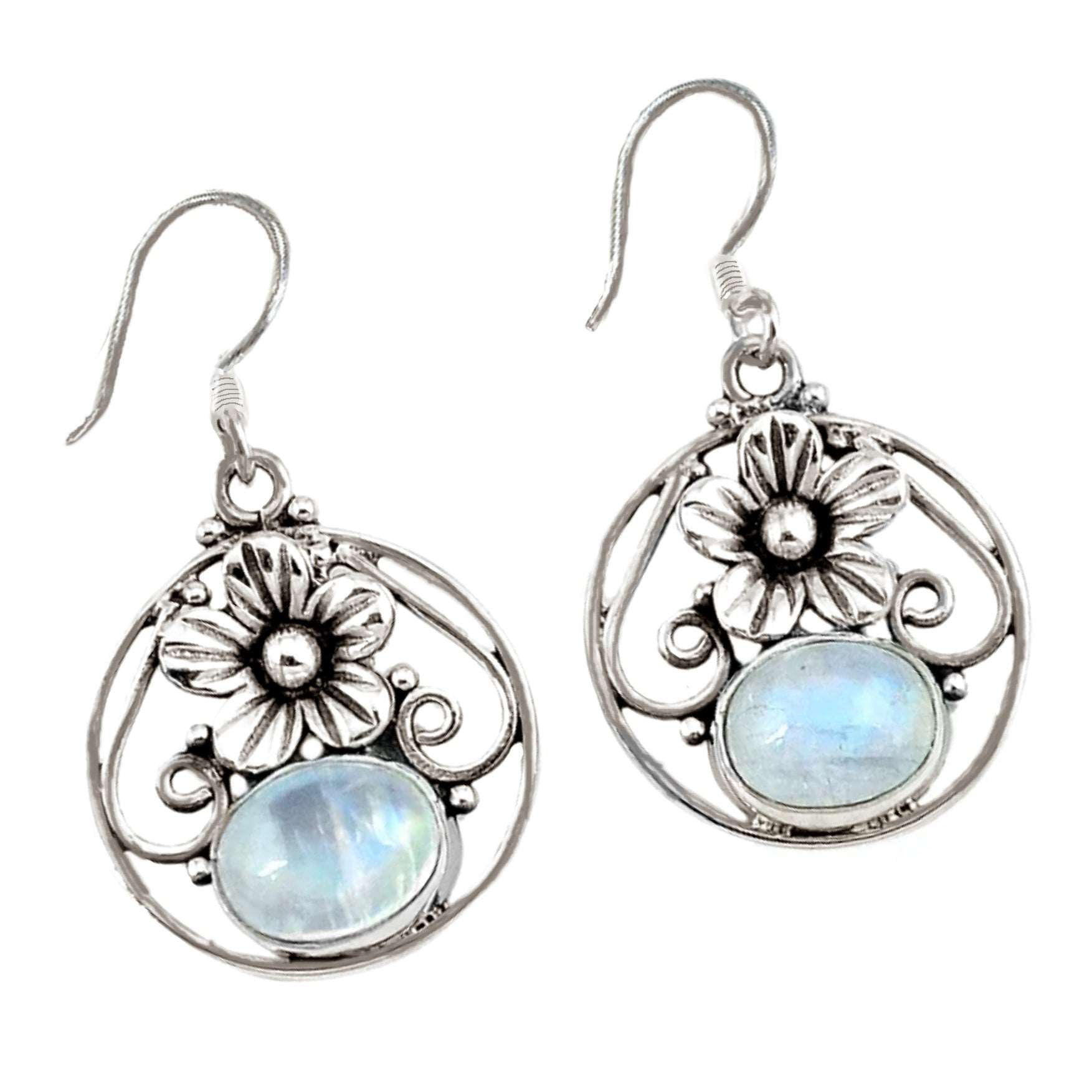 6.77 cts Natural Rainbow Moonstone Gemstone Solid .925 Silver Earrings
