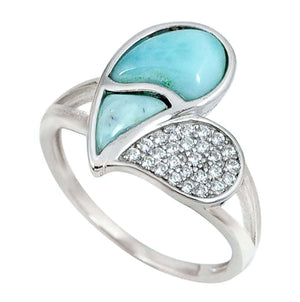 4.06 CT Natural Caribbean Larimar, White Topaz Solid .925 Sterling Silver Heart Ring Size 9 - BELLADONNA