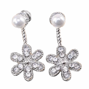 Dainty White Pearl and Crystals Silver Plated Stud Earrings - BELLADONNA