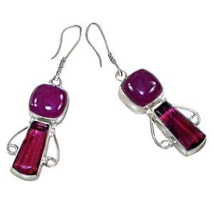 Handmade Indian Cherry Red Ruby Pink Red Ruby Quartz  Baguette Earrings Set in .925 Silver