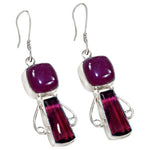Handmade Indian Cherry Red Ruby Pink Red Ruby Quartz  Baguette Earrings Set in .925 Silver