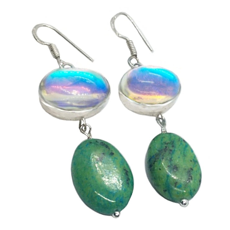 Natural Chrysocolla, Madagascar Fiery Topaz Solid .925 Sterling Silver Earrings