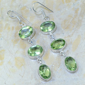 Long Faceted Green Amethyst Ovals Gemstone .925 Silver Earrings