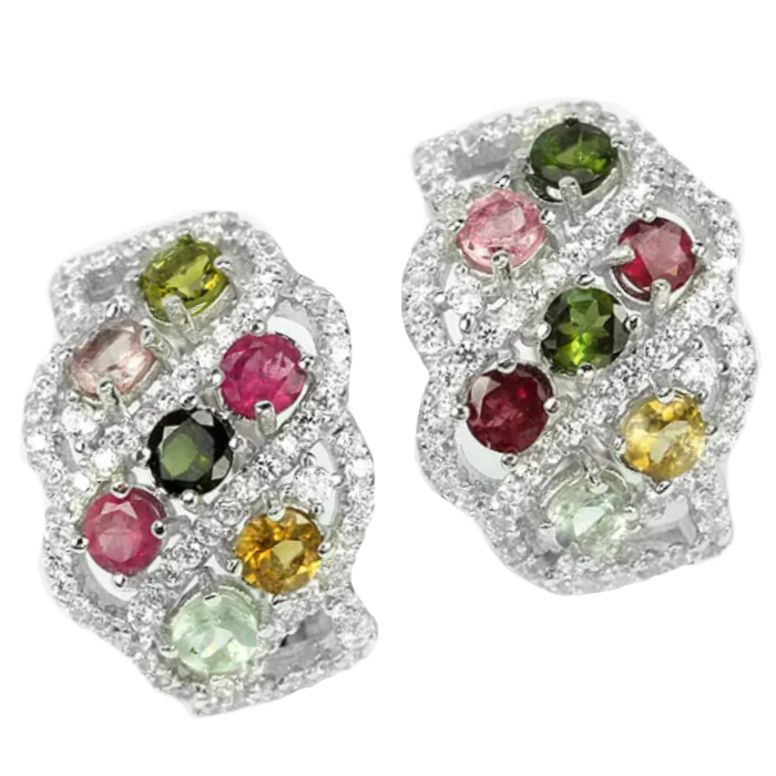 Natural Multi Tourmaline, White Cubic Zirconia Gemstone Solid .925 Sterling Silver Earrings - BELLADONNA
