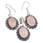 Natural Pink Rose Quartz Oval .925 Sterling Silver Pendant and Earrings Set
