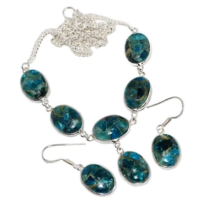 Natural Blue Copper Apatite Gemstone .925 Silver Necklace & Earrings Set