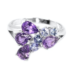Natural Unheated Purple Amethyst and Tanzanite Solid .925 Silver 14K White Gold Ring Size 7 or O - BELLADONNA