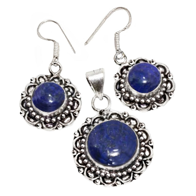 Natural Lapis Lazuli Gemstone .925 Silver Pendant and Earrings Set