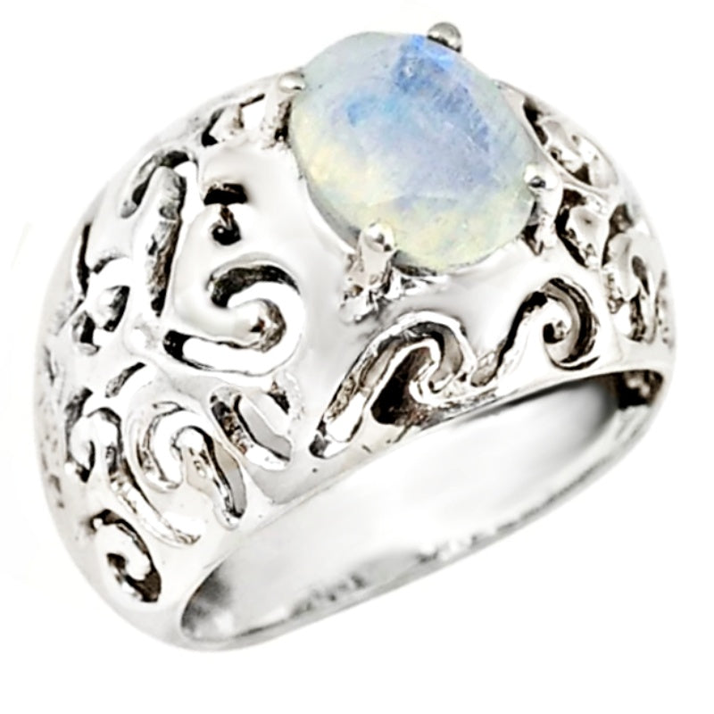 Indonesian Bali- Java Natural Rainbow Moonstone Gemstone Solid .925 Sterling Silver Ring Size US 7 or O