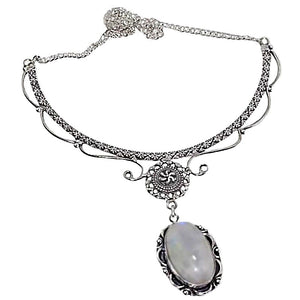 Victorian Style Natural Rainbow Moonstone Gemstone .925 Silver Necklace