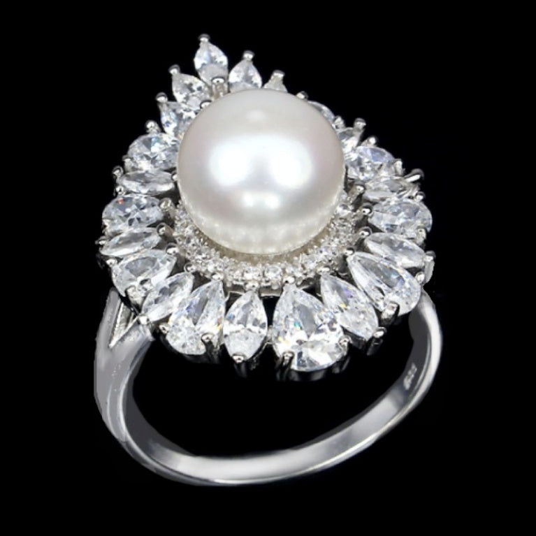 Deluxe Natural Creamy White Pearl ,White CZ Solid .925 Sterling Silver Ring Size US 9.5 or S1/2