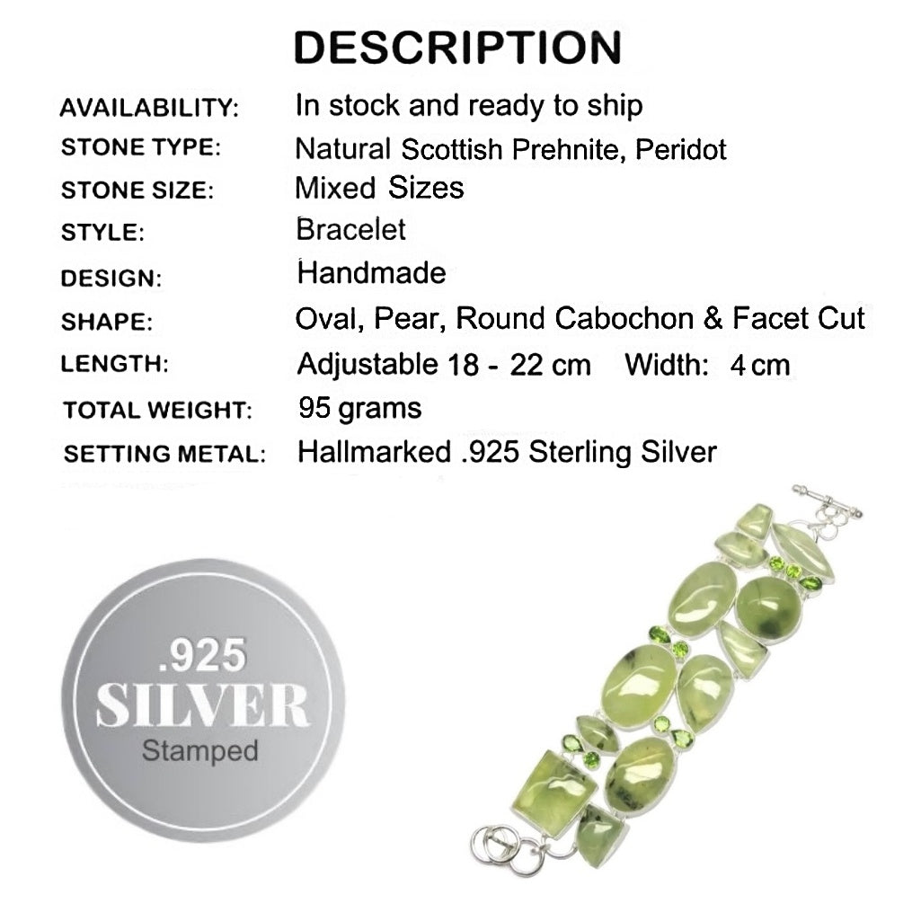 Natural Scottish Moss Prehnite, Peridot .925 Sterling Silver Bracelet