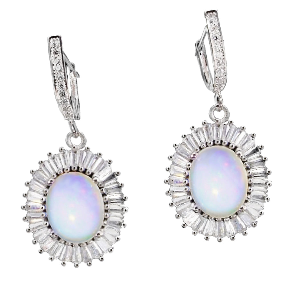 Deluxe Natural Unheated Full Rainbow Fire Opal, White Cubic Zirconia Gemstone 925 Sterling Silver 14K White Gold Earrings