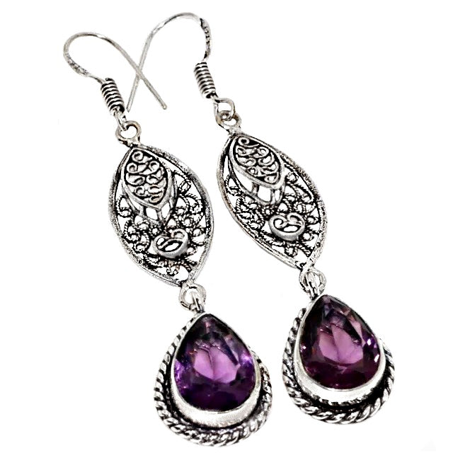 Ornate Handmade Purple Amethyst Gemstone .925 Silver long Drop Dangle Earrings