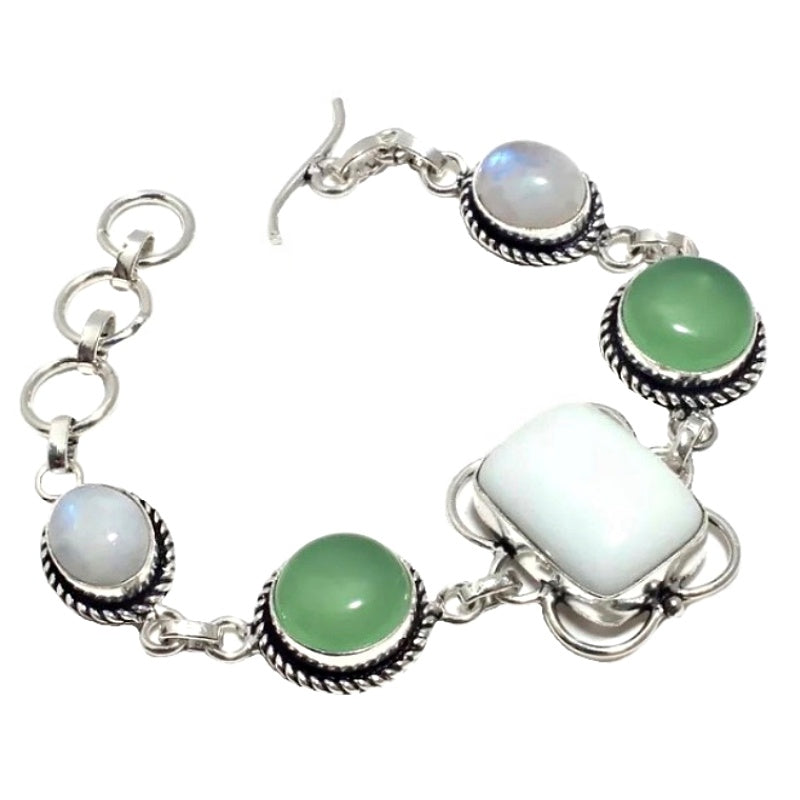 Handmade White Jade, Opalite, Green Chalcedony Gemstone .925 Silver Bracelet