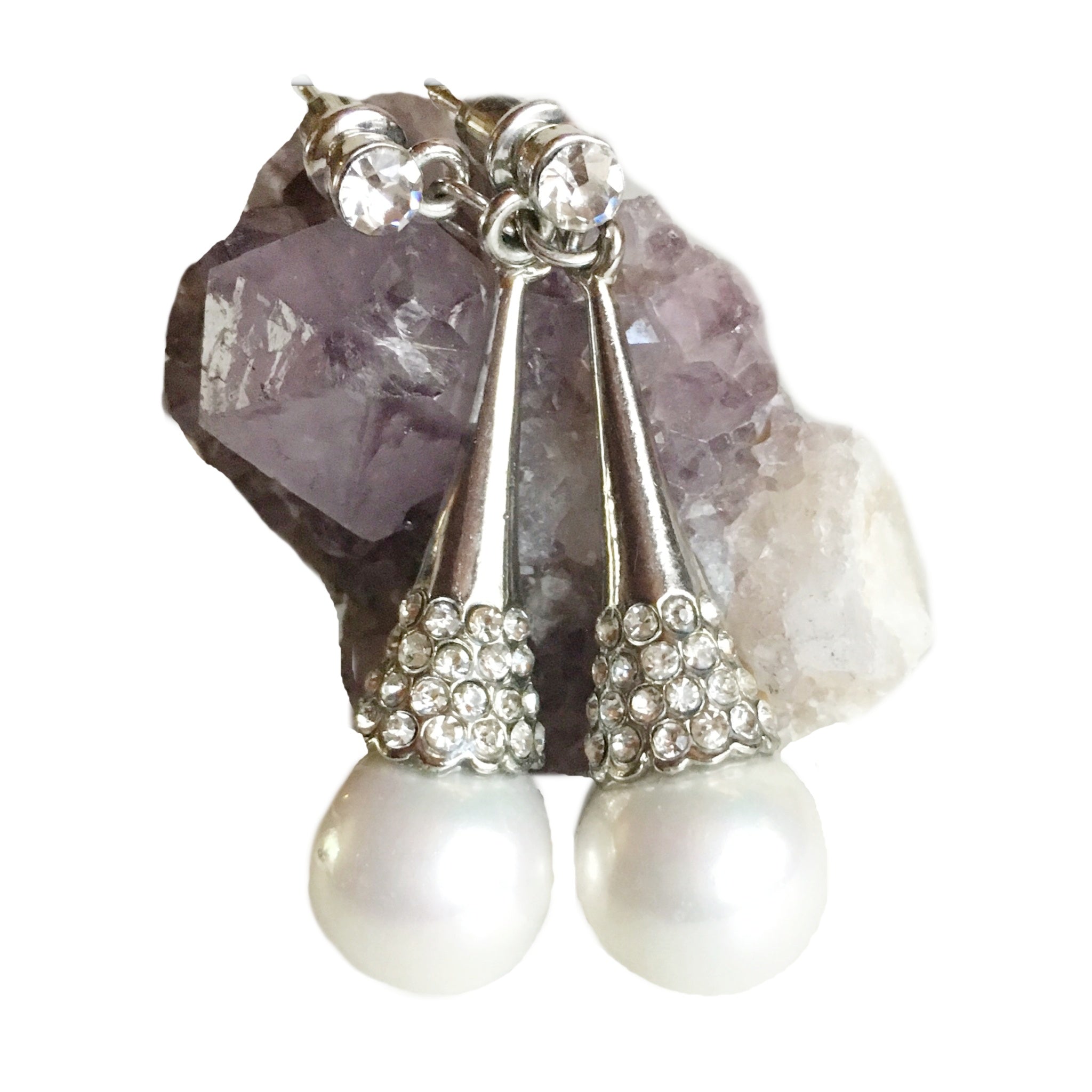 Vintorio Collection Creamy White Pearl and White Cubic Zirconia Silver Plated Stud Earrings