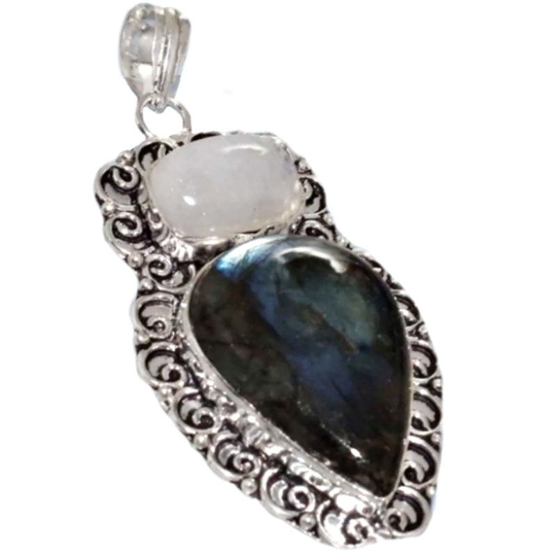 Antique Style Natural Fiery Labradorite, Moonstone Gemstone  .925 Silver Pendant