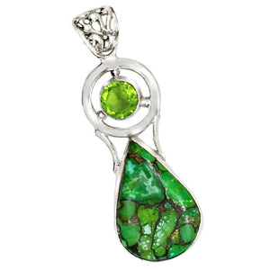 Natural Copper Green Turquoise And Peridot Pendant In Solid 925 Sterling Silver