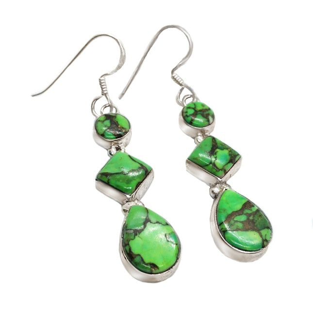 Natural Mixed Shapes Green Copper Turquoise Gemstone Solid 925 Sterling Silver Earrings