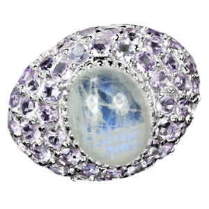 Deluxe Natural Rainbow Moonstone, Purple Amethyst Ring Solid .925 Silver 14K White Gold Size 8.5 or Q1/2