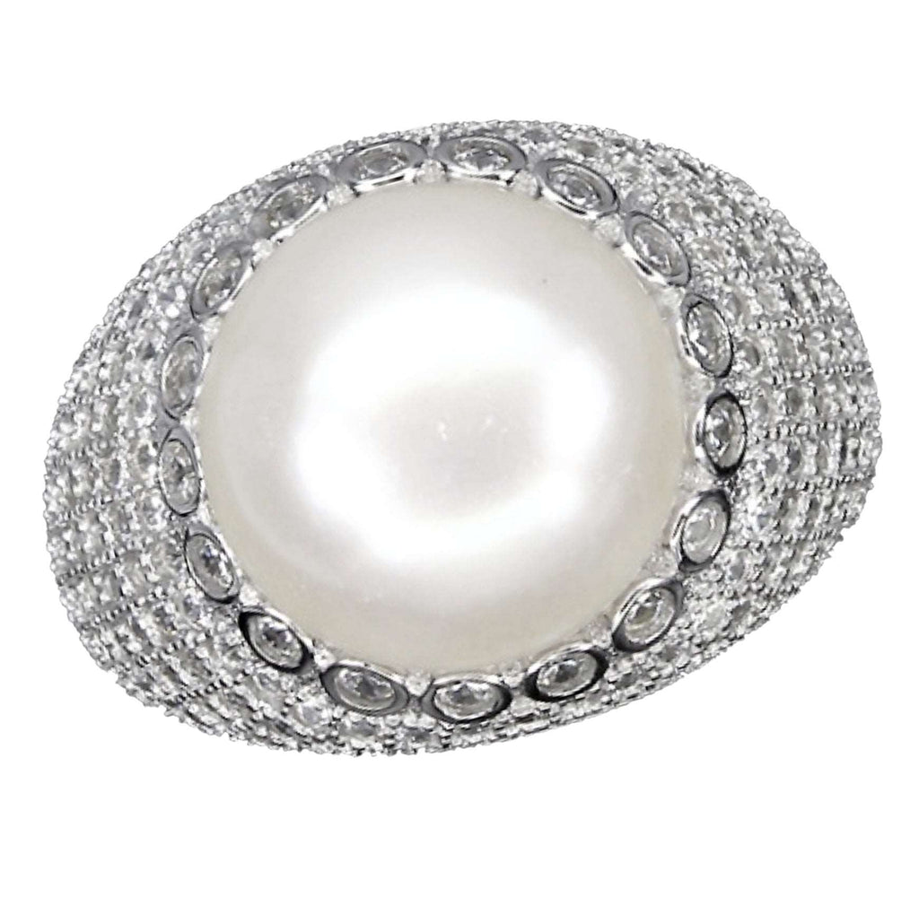 Natural Creamy White Pearl , White Cubic Zirconia Solid  .925 Sterling Silver Ring Size 7.5 or P