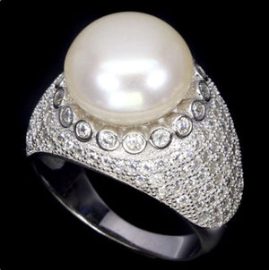 Natural Creamy White Pearl , White Cubic Zirconia Solid  .925 Sterling Silver Ring Size 7.5 - BELLADONNA