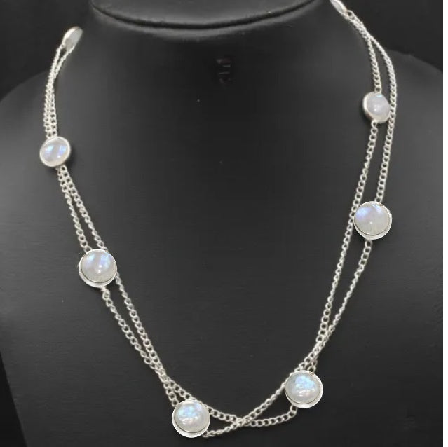 75 cm Natural Rainbow Moonstone.925 Silver Fashion Necklace