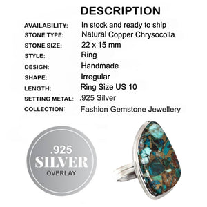 Natural Copper Chrysocolla Set In .925 Sterling Silver Ring Size US 10 or T