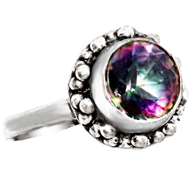 Handmade Dainty Mystic Rainbow Topaz Round Gemstone Ring .925 Sterling Silver. Size 8.5 or Q 1/2