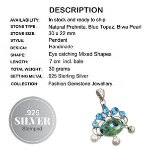 Natural Scottish Moss Prehnite  Blue Topaz, Pearl  Gemstone .925 Silver Pendant
