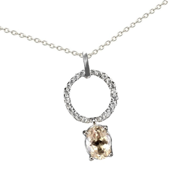 Deluxe Natural Unheated Morganite and White Cubic Zirconia Solid .925 Sterling Silver Necklace