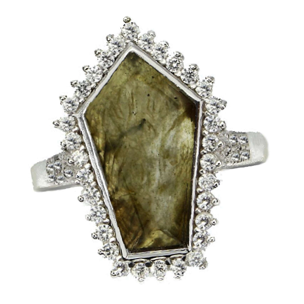 Rare Deluxe Natural Unheated Labradorite AAA White CZ Solid .925 Silver 14K White Gold Ring Size US 9 or R1/2