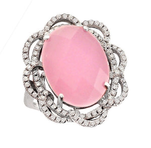 Turkey- Istanbul 15.68 cts Pink Chalcedony, White Topaz Solid.925 Sterling Silver Ring Size 8