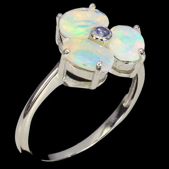 Authentic Unheated Ethiopian Fire Opal & Tanzanite  Solid .925 Sterling White Gold Ring Size 8