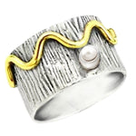 Trendy Two Tone Natural White Pearl set in Solid .925 Silver Ring Size 8.5 or Q1/2